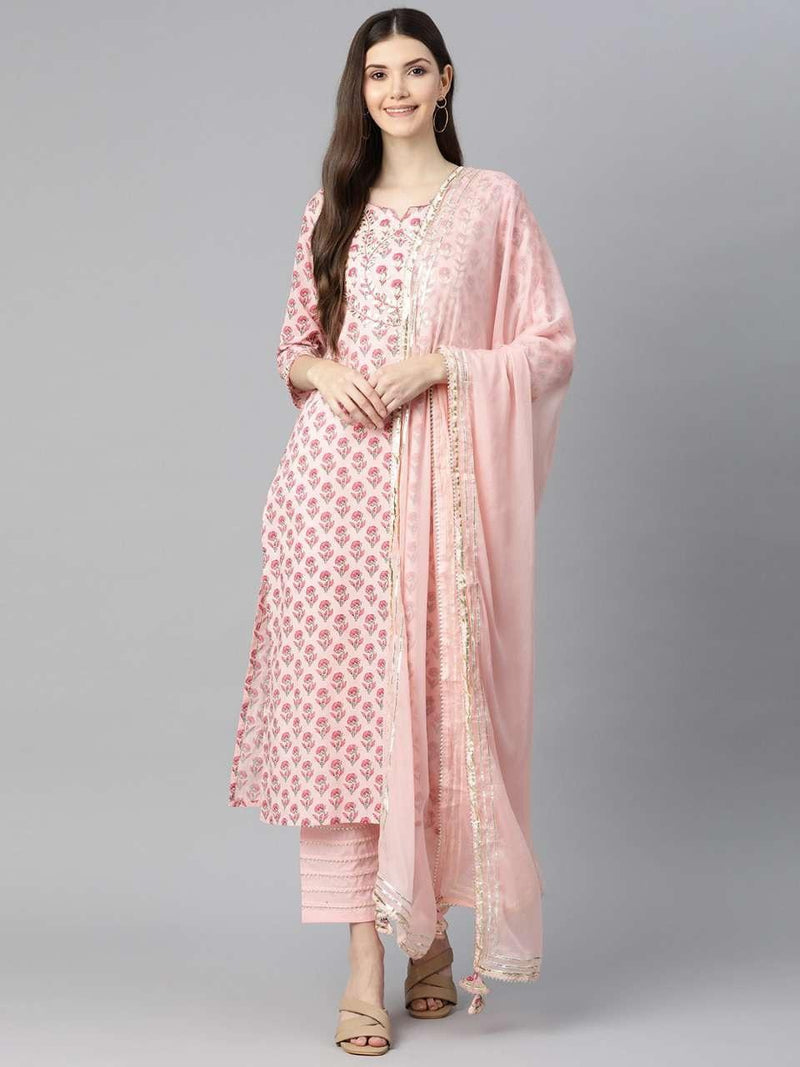 Pink Jaipur Cotton Straight Kurta Pant and Dupatta Set with Gota Patti and Thread Work
