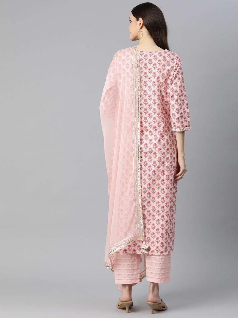 Pink Jaipur Cotton Straight Kurta Pant and Dupatta Set with Gota Patti and Thread Work