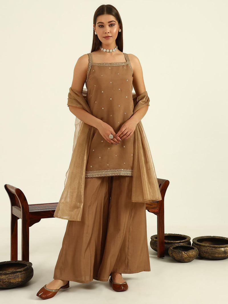 Brown Viscose Chanderi Straight Kurta with Palazzo and Dupatta