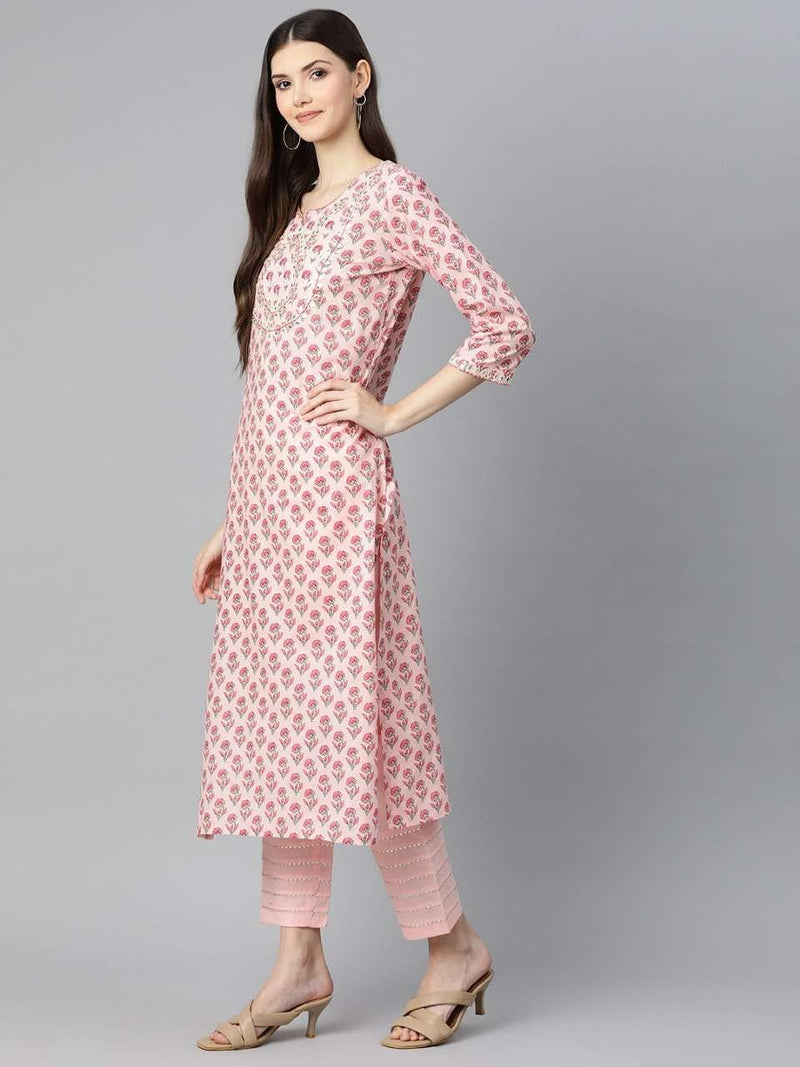 Pink Jaipur Cotton Straight Kurta Pant and Dupatta Set with Gota Patti and Thread Work