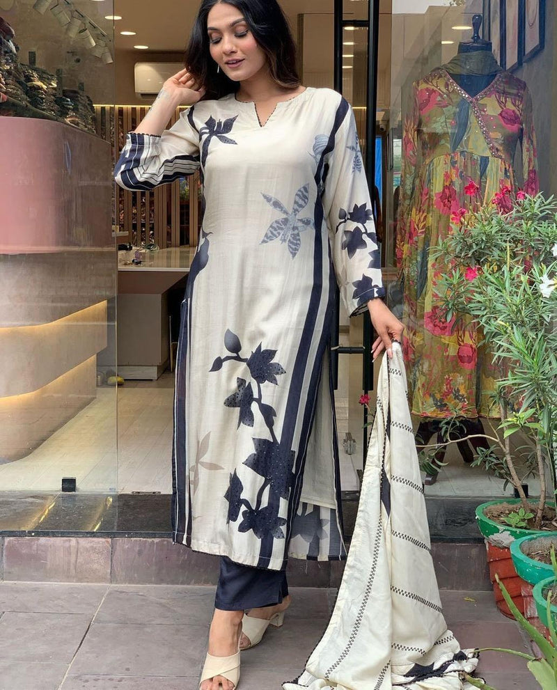 White and Black Floral Printed Kurta Set