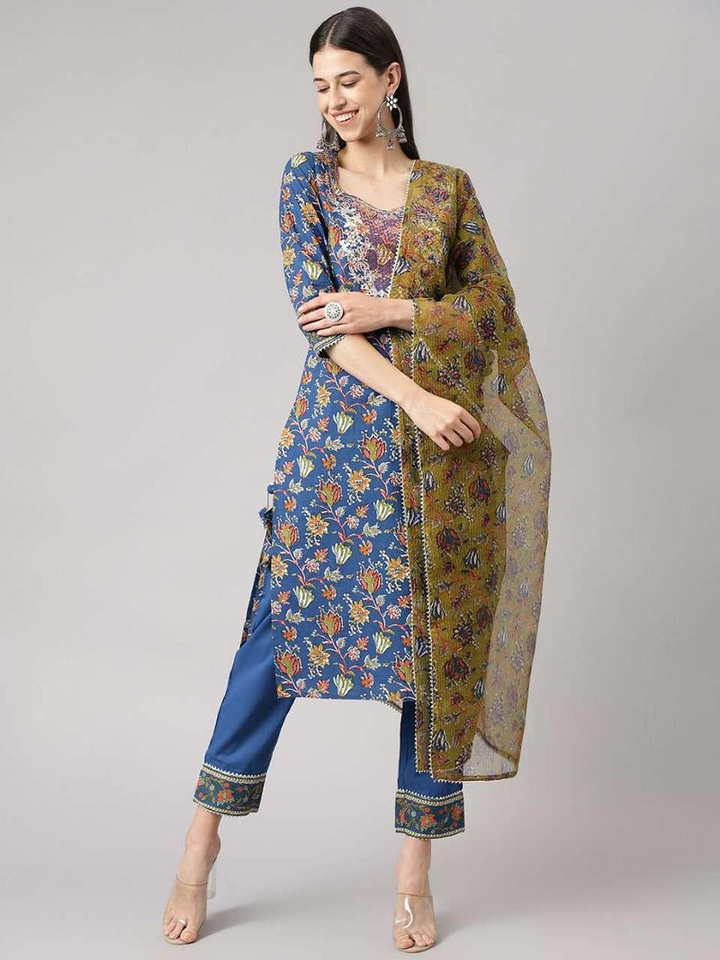 Blue and Green Floral Printed Cotton Kurta Pant Set with Dupatta