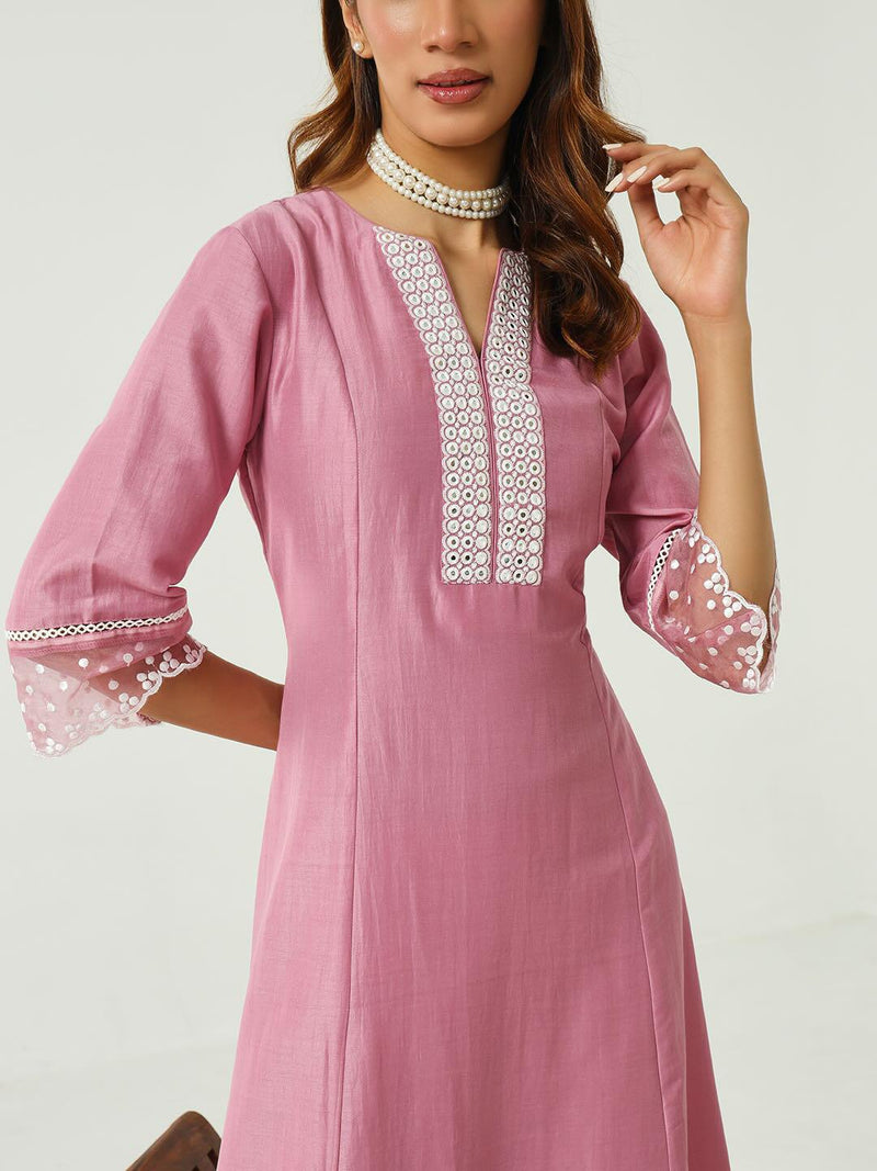 Pink Cotton Silk Flared Kurta and Palazzo With Embroidered Dupatta