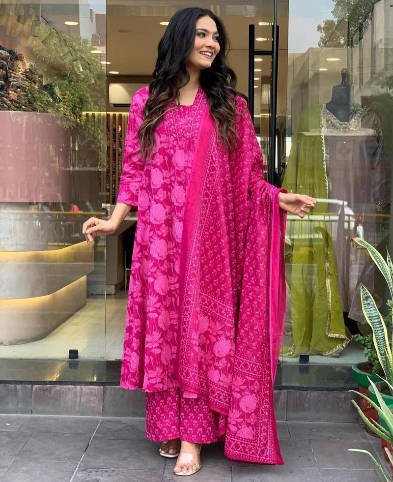 Rani Pink Cotton Kurta and Palazzo Set with Dupatta