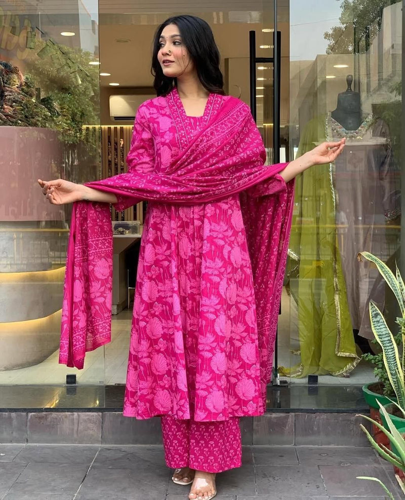 Rani Pink Cotton Kurta and Palazzo Set with Dupatta