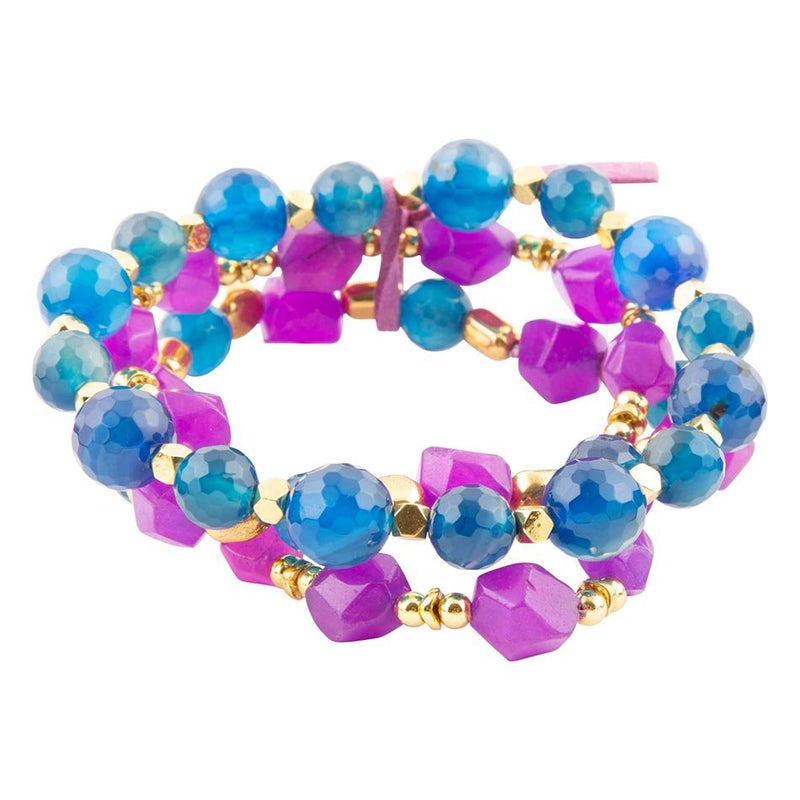 Indigo Blue Purple Agate Stack Golden Bracelet Set
