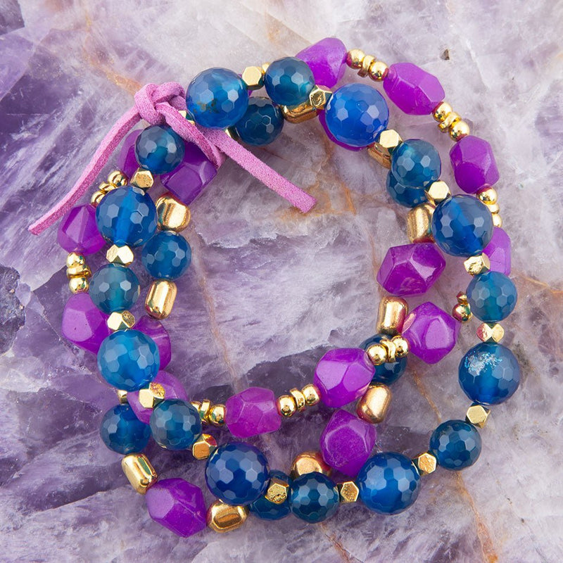 Indigo Blue Purple Agate Stack Golden Bracelet Set