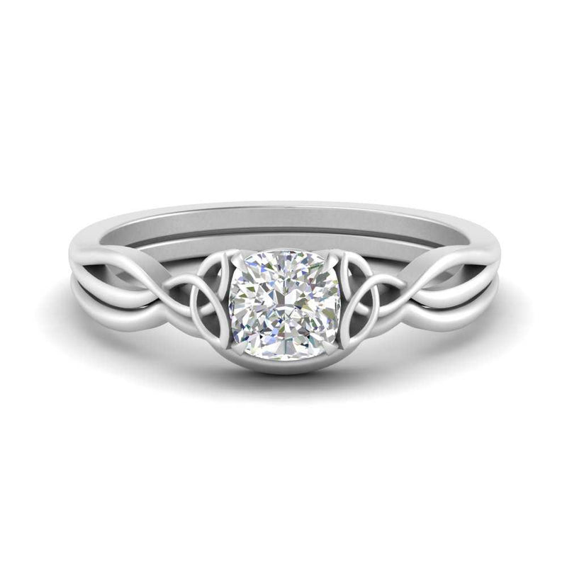 Cushion Cut Infinity Celtic Solitaire Wedding Set