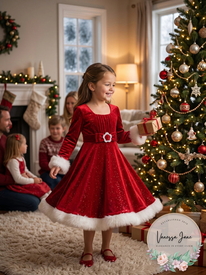 Bonnie Jean Baby Girls Red Sparkle Velvet Faux Fur Cuff Christmas Dress, 24Mo