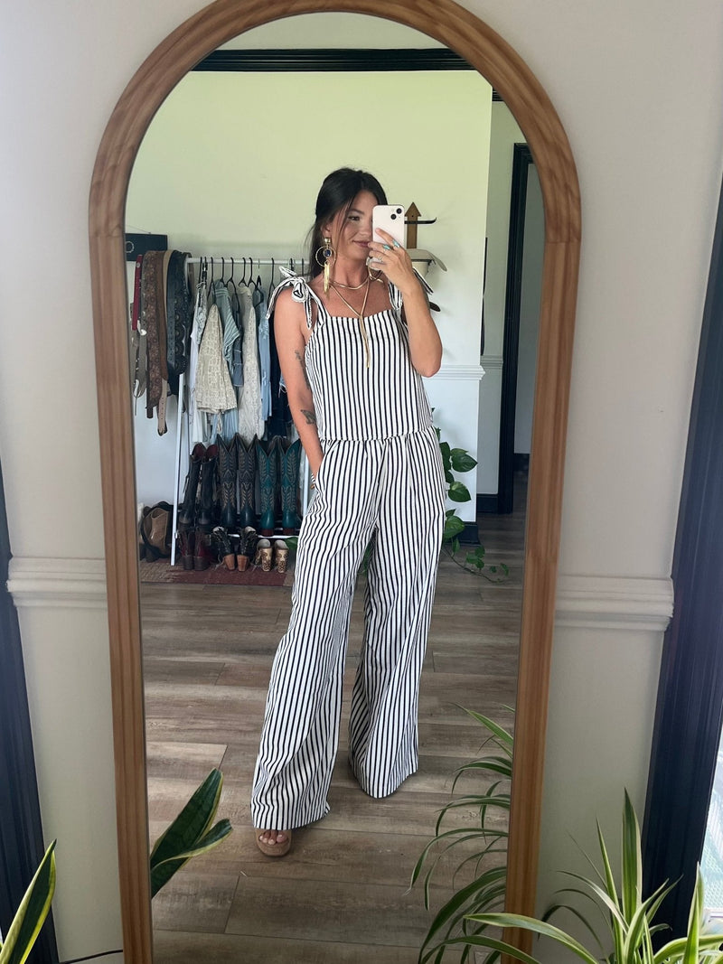 Ivory and Denim Striped Wide Leg Pants - FINAL SALE