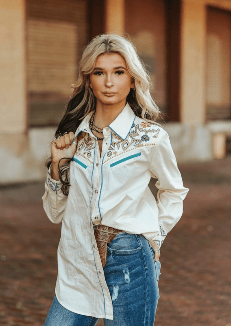 Ivory Embroidered Western Yoke Pearl Snap Top