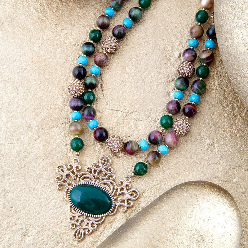 Jeweled Tyger's Eye and Green Onyx Golden Pendant Necklaces