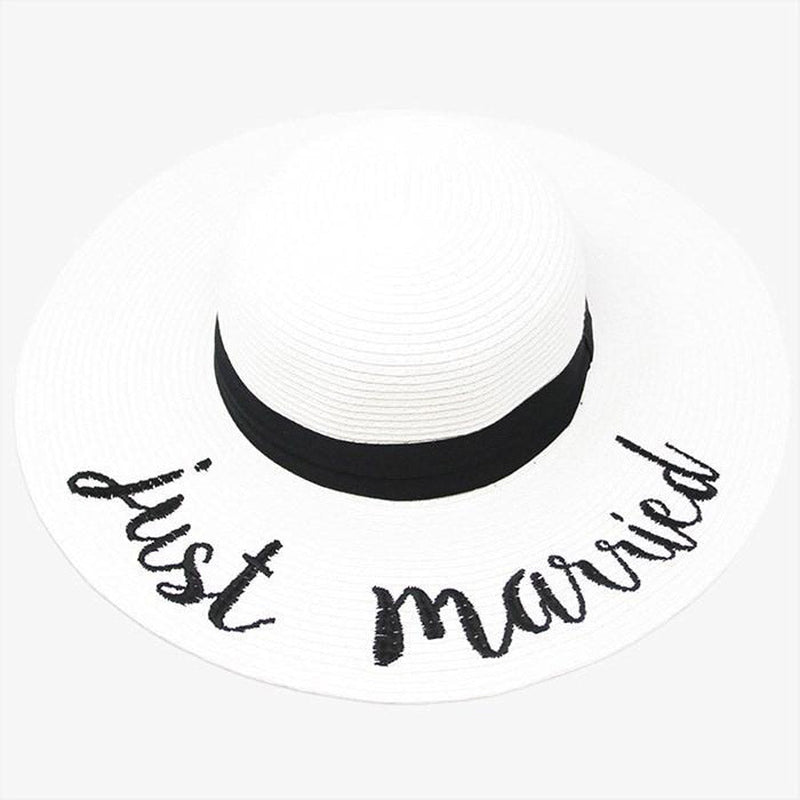 Just Married Embroidery Straw Floppy Sun Hat Bride Beach Hat