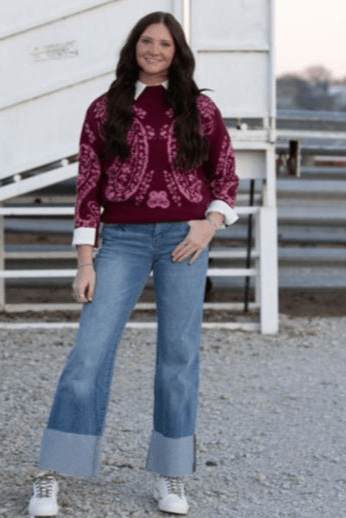 Kan Can Mid Rise Wide Flare Cuff Jeans