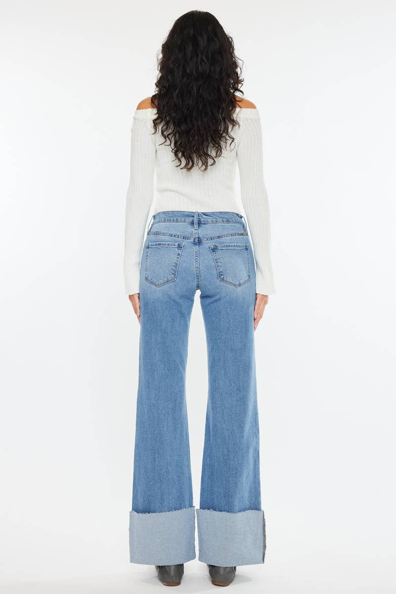 Kan Can Mid Rise Wide Flare Cuff Jeans
