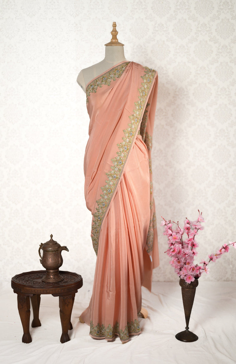 Peach Kashmiri saree with Aari Embroidery