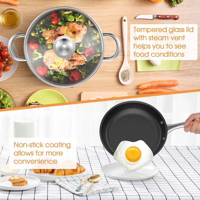7-Piece Stainless Steel Cookware Set with Tempered Glass Lid-Silver