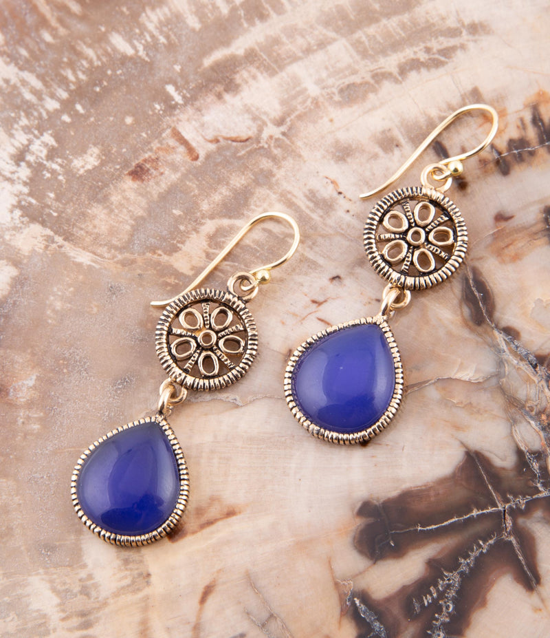 Lace Blue Agate Drop Golden Earrings