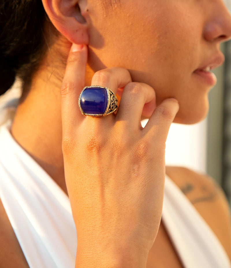 Lace Blue Agate Golden Statement Ring