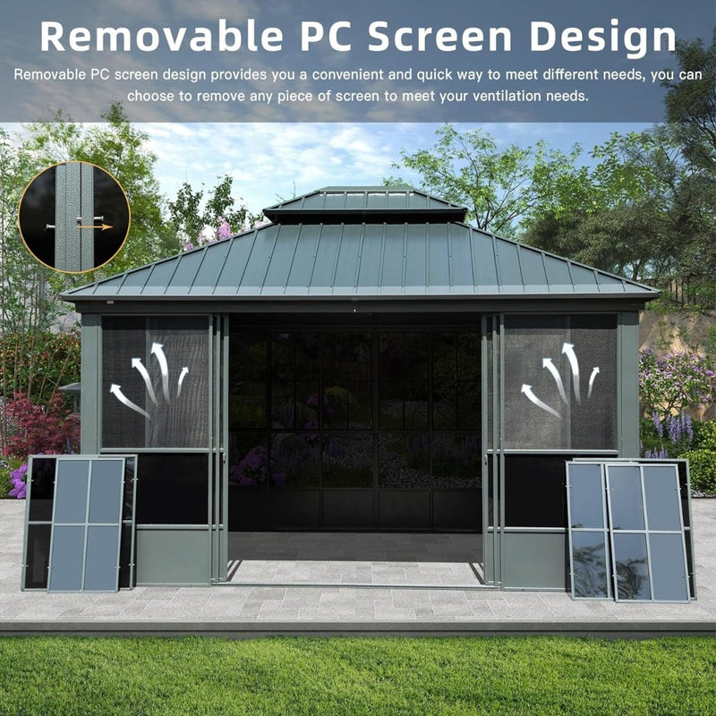 [12x14FT] Large Heavy-Duty All-Season Steel Top Aluminum Double Roof Backyard Gazebo (SAK97284)