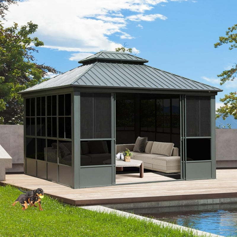 [12x14FT] Large Heavy-Duty All-Season Steel Top Aluminum Double Roof Backyard Gazebo (SAK97284)