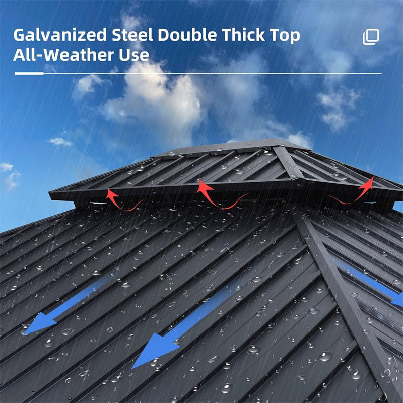 [12x14FT] Large Heavy-Duty Outdoor Aluminum Patio Hard Double Steel Top Backyard Sun Room Gazebo (94625371)