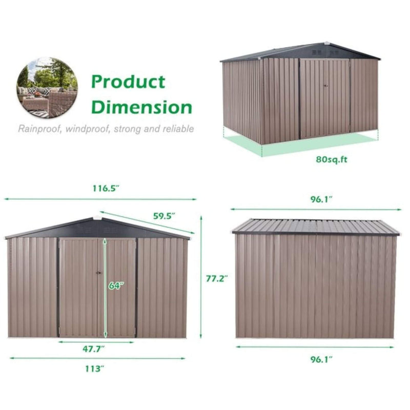 [08X10FT] Alora Large Heavy-Duty Outdoor Metal Garden Tools Storage Utility Shed W/ Lockable Door (SAK72751)