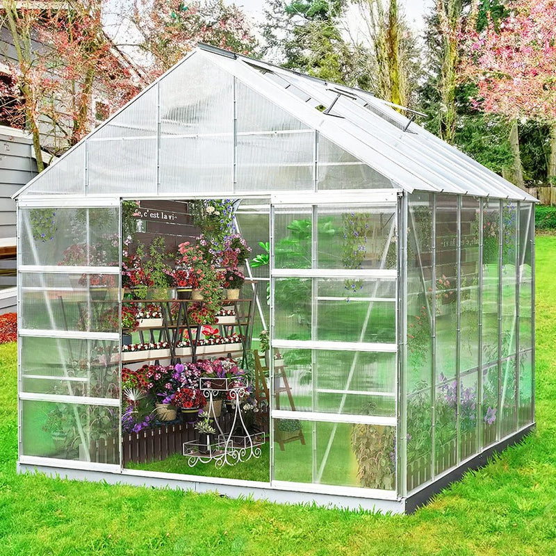 [10X12FT] Large Heavy-Duty Outdoor Walk-In Polycarbonate Aluminum Frame Greenhouse With Adjustable Vents & Sliding Doors (SAK93648)