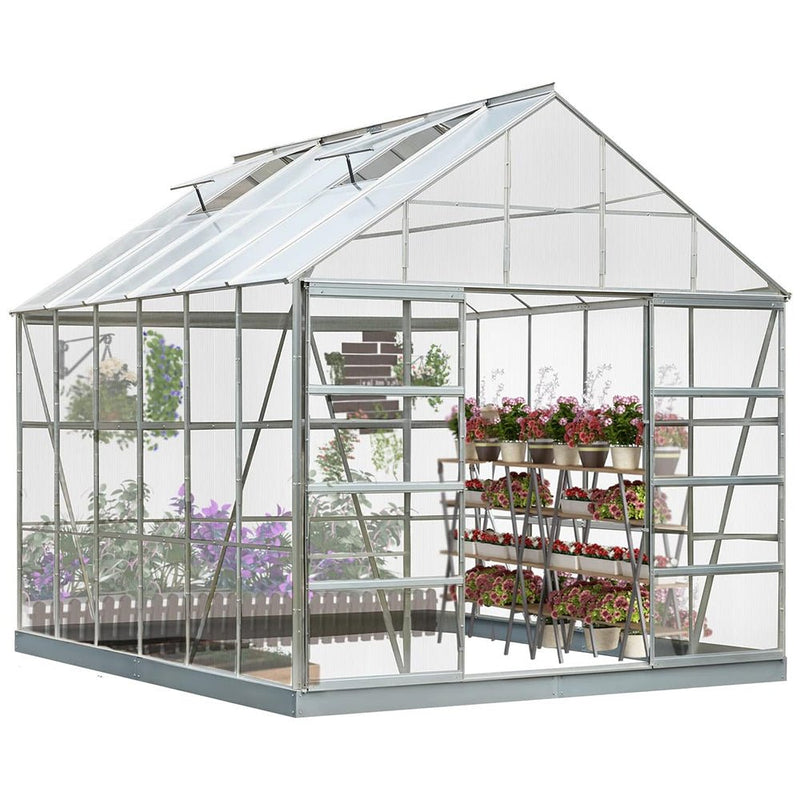 [10X12FT] Large Heavy-Duty Outdoor Walk-In Polycarbonate Aluminum Frame Greenhouse With Adjustable Vents & Sliding Doors (SAK93648)