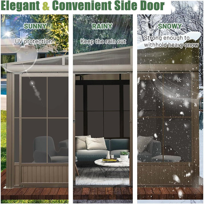 [12x14FT] Large Outdoor All-Season Wall Mounted Sunroom Solarium With Galvanized Steel Roof & Moveable PVC Screen (SAK46475)
