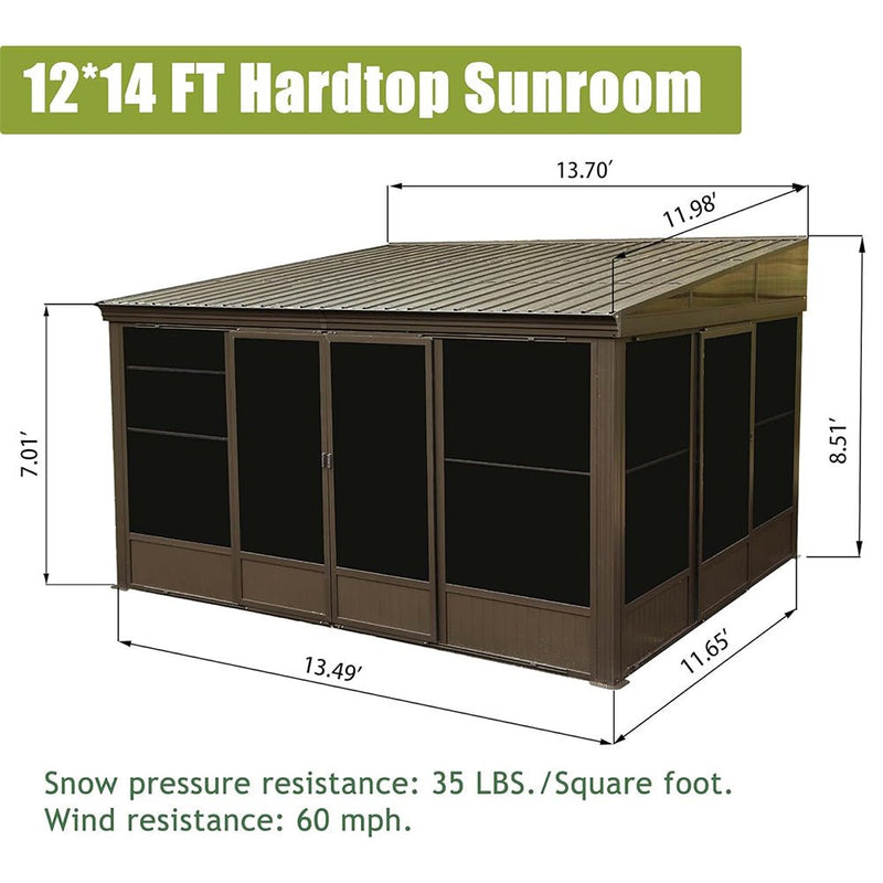 [12x14FT] Large Outdoor All-Season Wall Mounted Sunroom Solarium With Galvanized Steel Roof & Moveable PVC Screen (SAK46475)