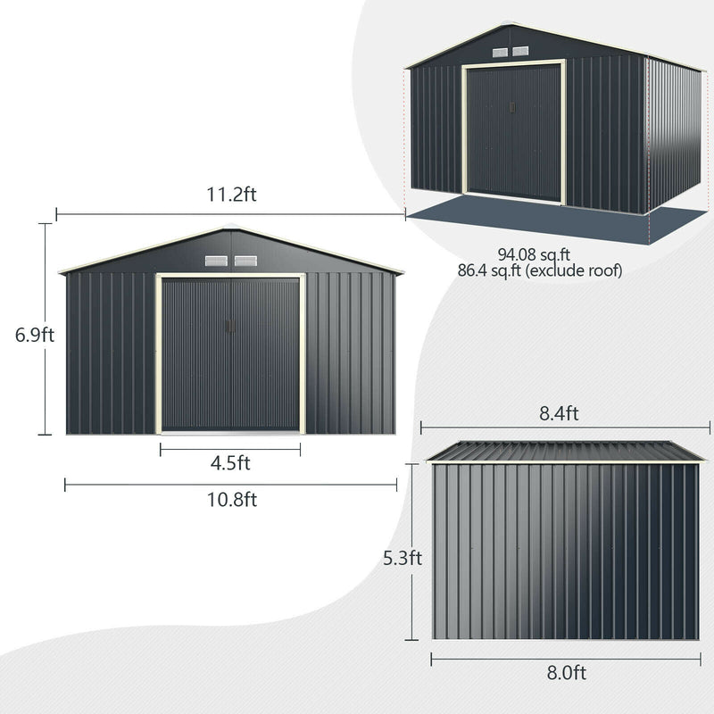 Alora Large Outdoor Metal Storage Backyard Shed W/ Lockable Sliding Doors, 11' x 8' (93064172)