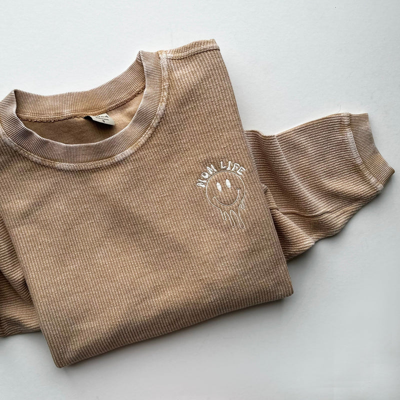 Embroidered CORDED Sweatshirt - Latte - Mom Life - Melting smiley
