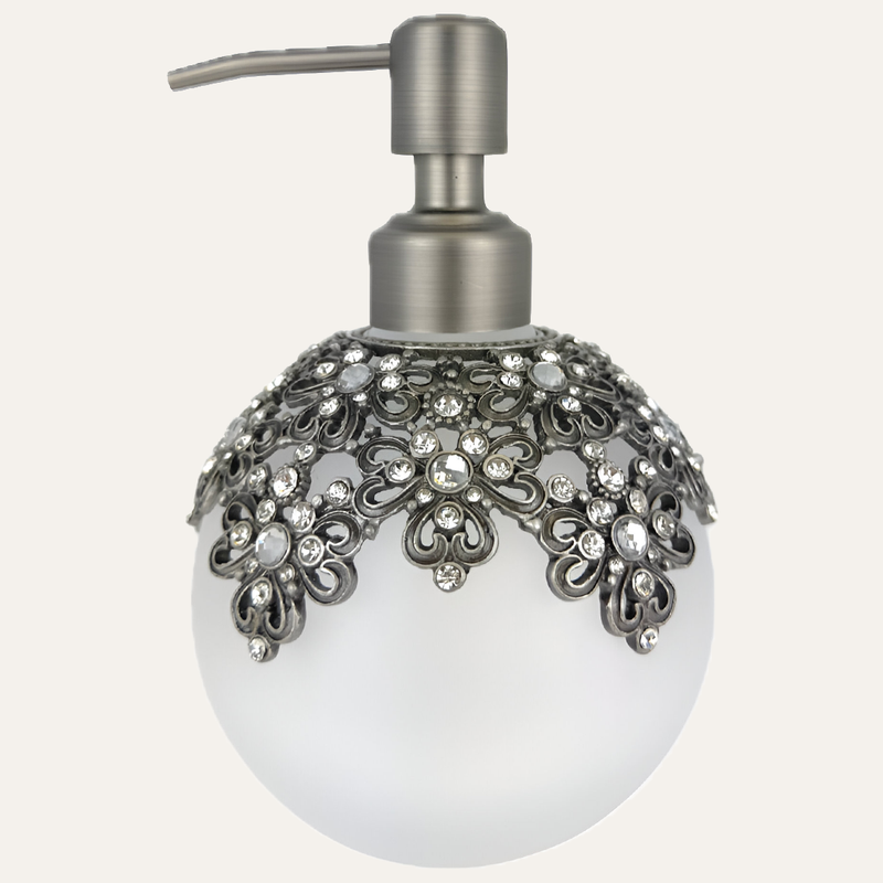 Soap Dispenser – Frosted Glass Bathroom Lotion Pump with Pewter & Rhinestones