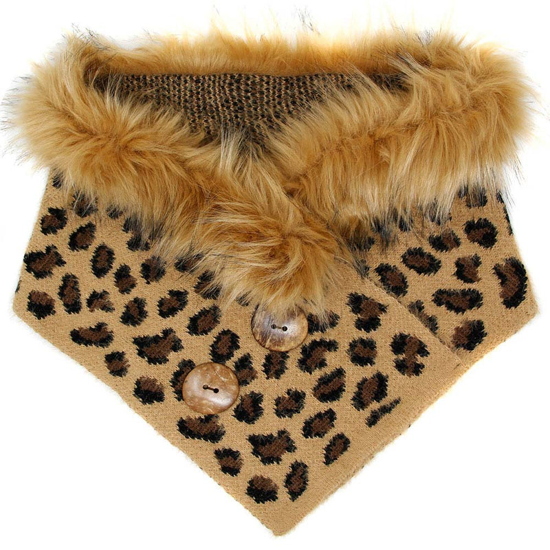 Leopard Faux Fur Chenille Triangle Tube Scarf Button Details