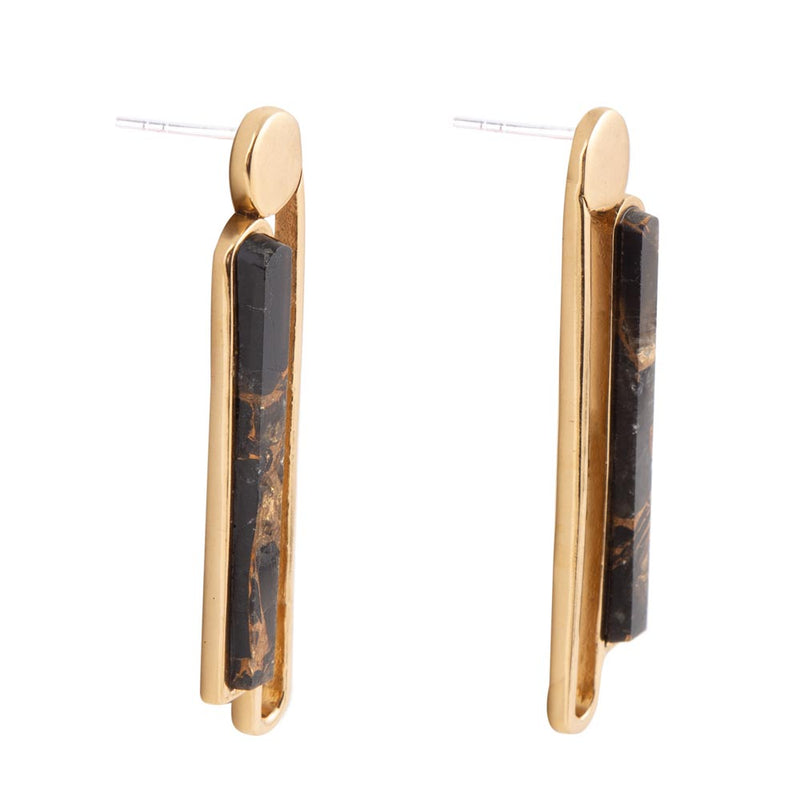 Linear Black and Gold Shungite Matrix and Golden Bronze Earrings