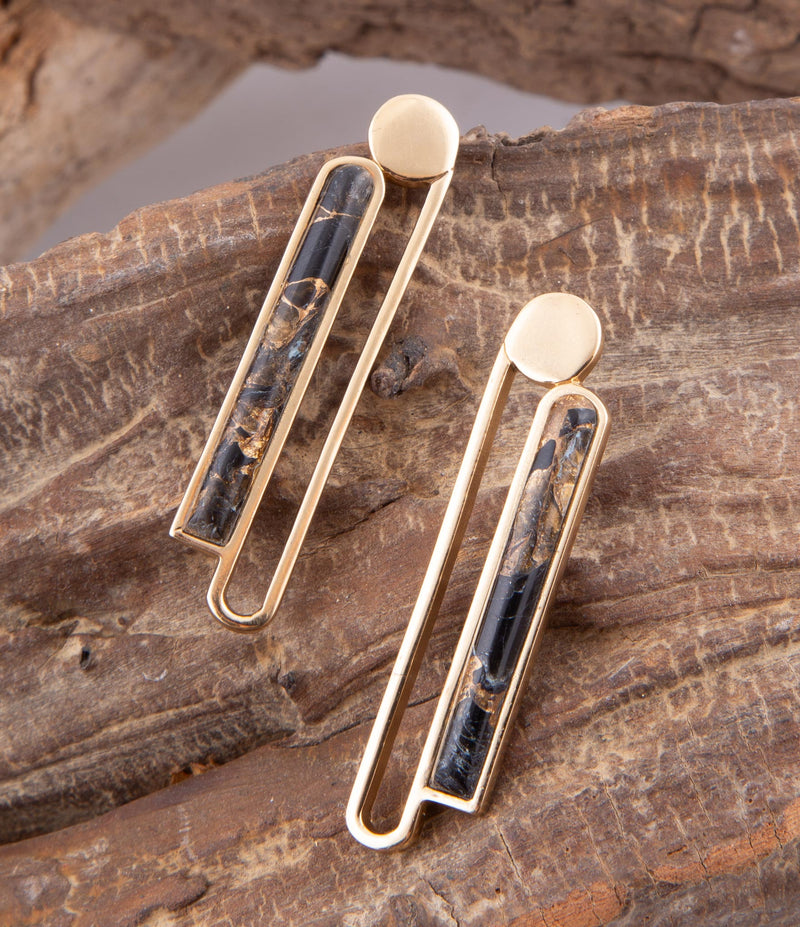 Linear Black and Gold Shungite Matrix and Golden Bronze Earrings
