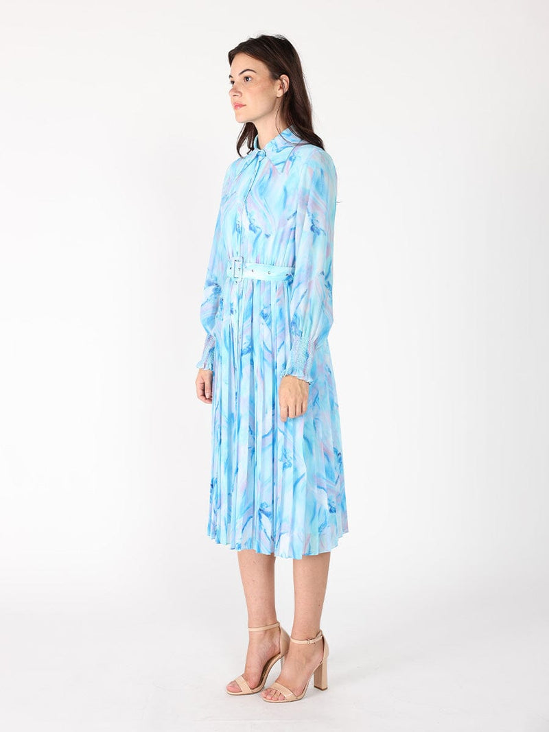 Long Sleeve Belted Smocked Cuffs Print Dress