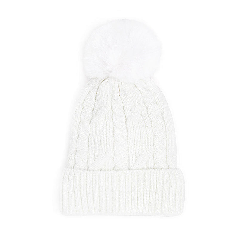 Lurex Accented Solid Cable Knitted Pom Pom Beanie Hat