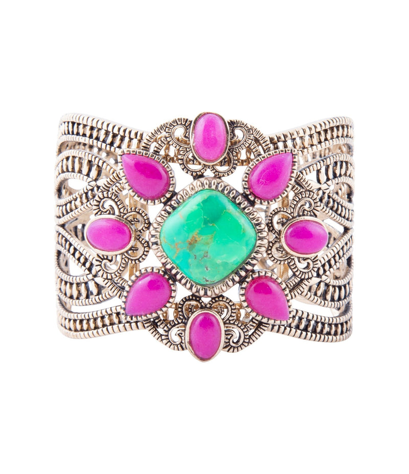Madeira Lime and Pink Agate Statement Golden Cuff Bracelet
