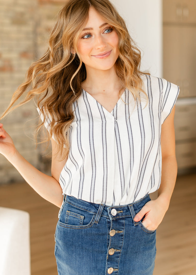 Madison Striped V-neck Short Sleeve Flowy Top