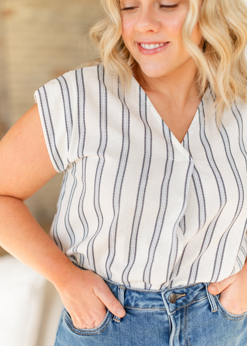 Madison Striped V-neck Short Sleeve Flowy Top