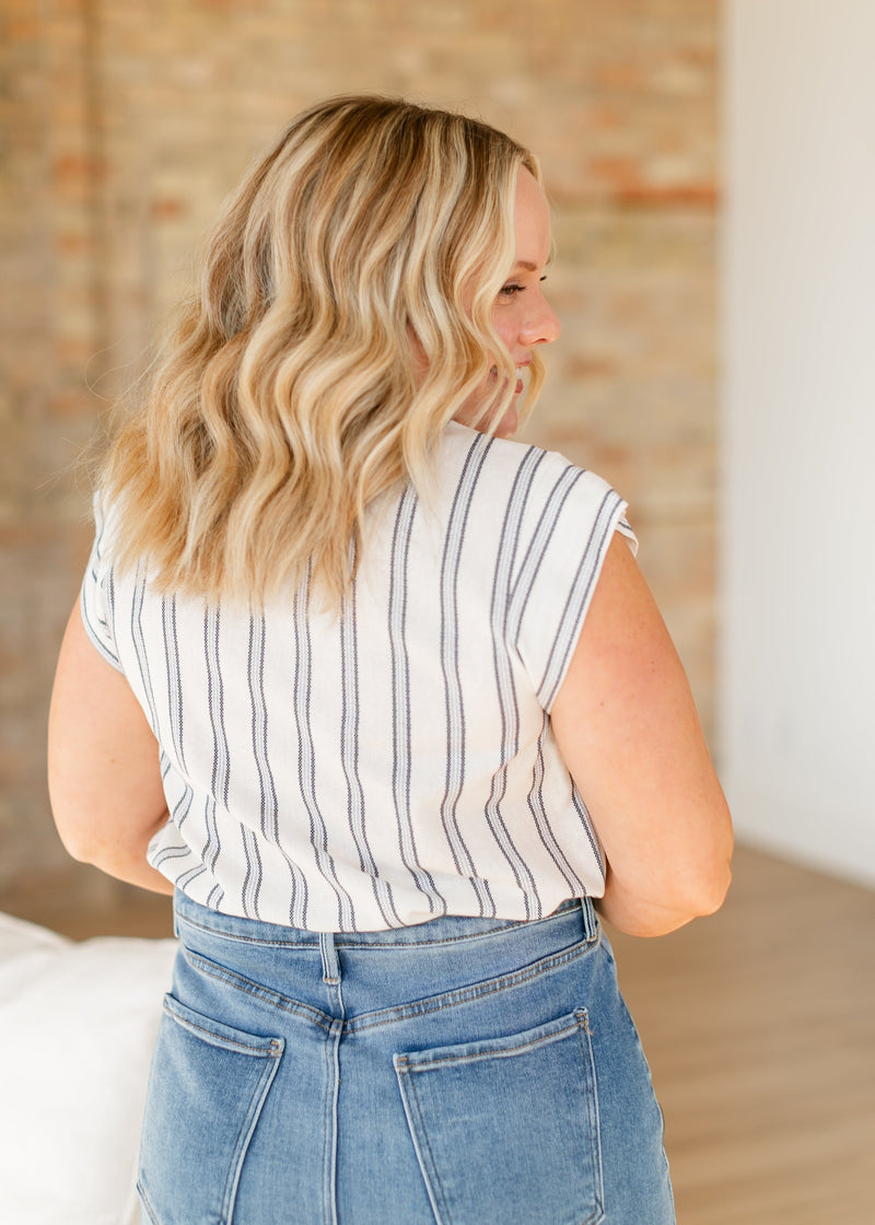 Madison Striped V-neck Short Sleeve Flowy Top