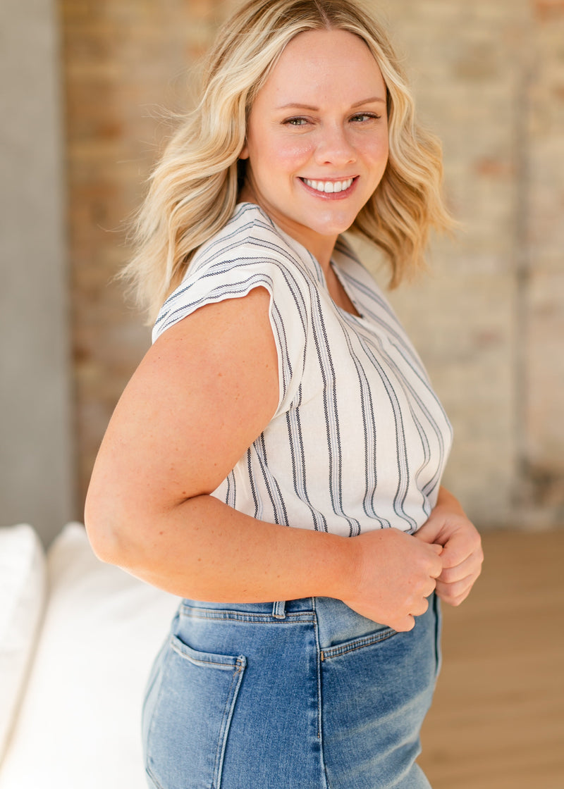 Madison Striped V-neck Short Sleeve Flowy Top