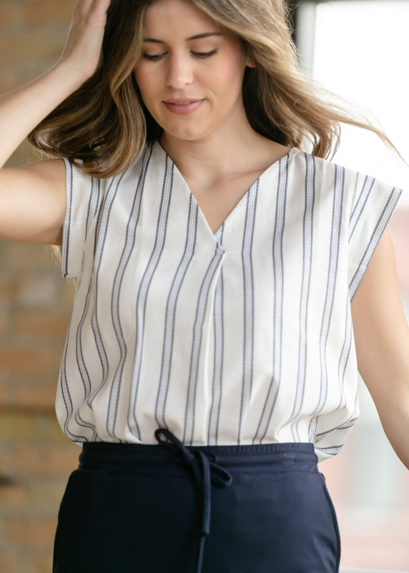 Madison Striped V-neck Short Sleeve Flowy Top