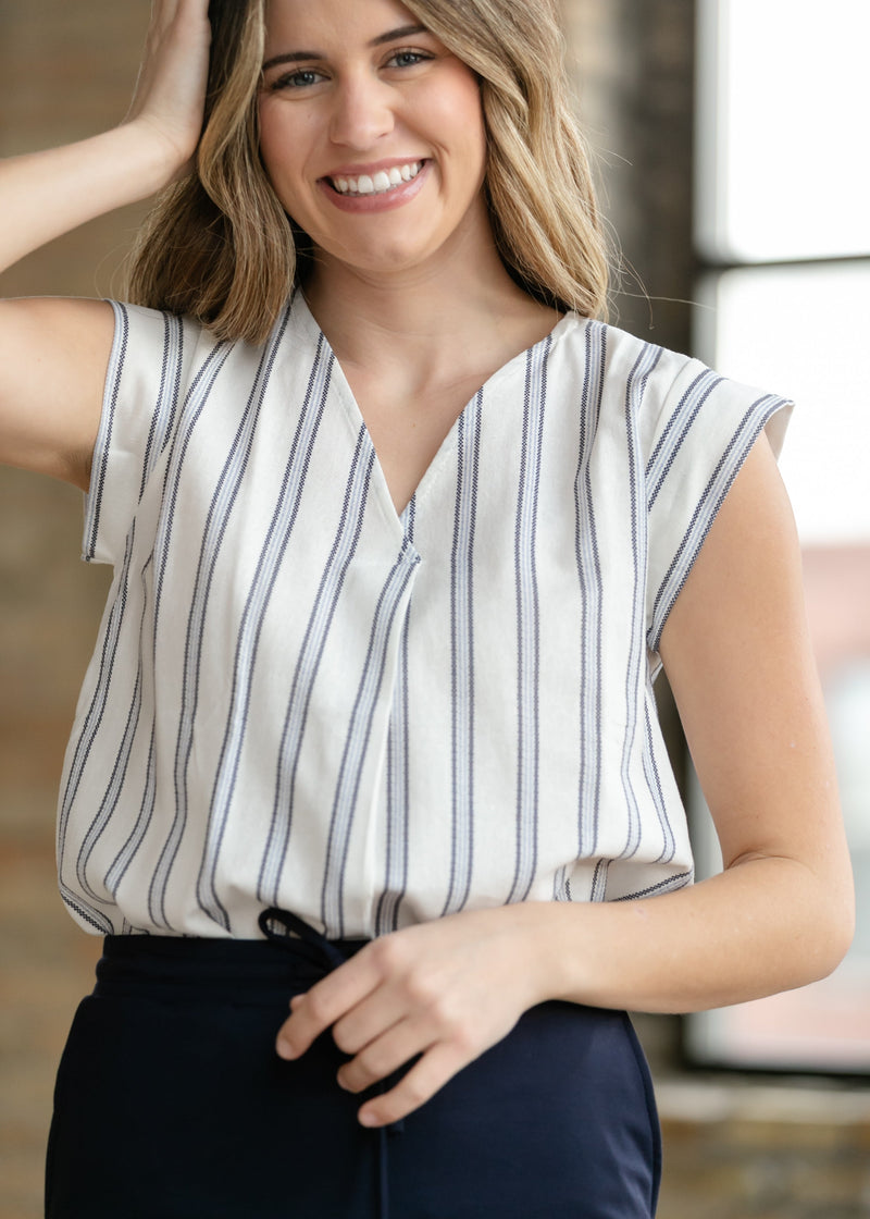 Madison Striped V-neck Short Sleeve Flowy Top