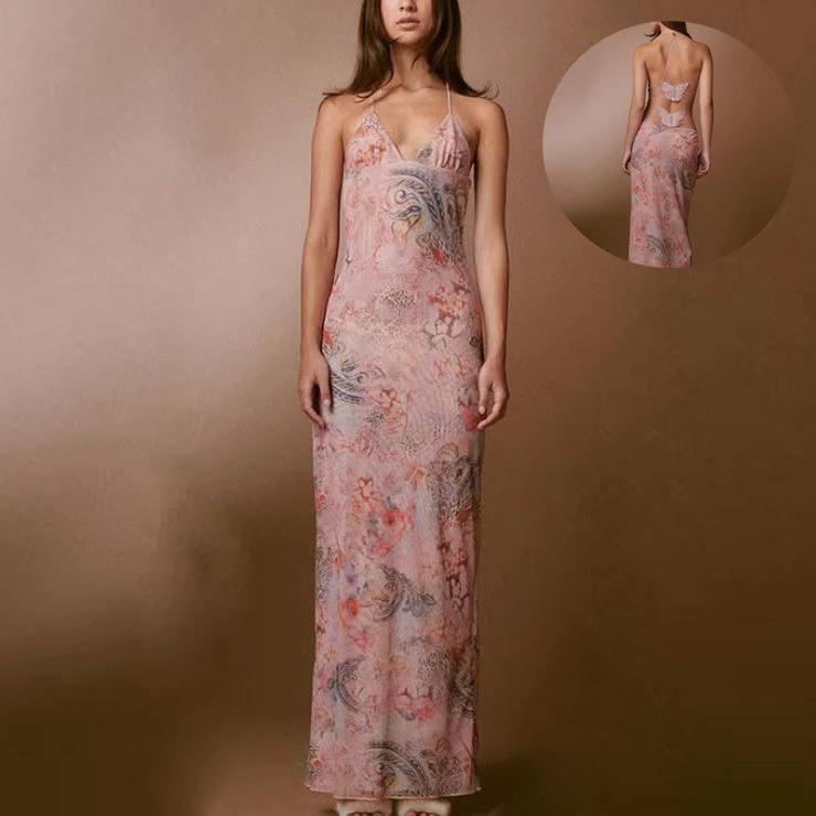 Floral Print Halter Dress - Sexy Butterfly Back Spaghetti Straps