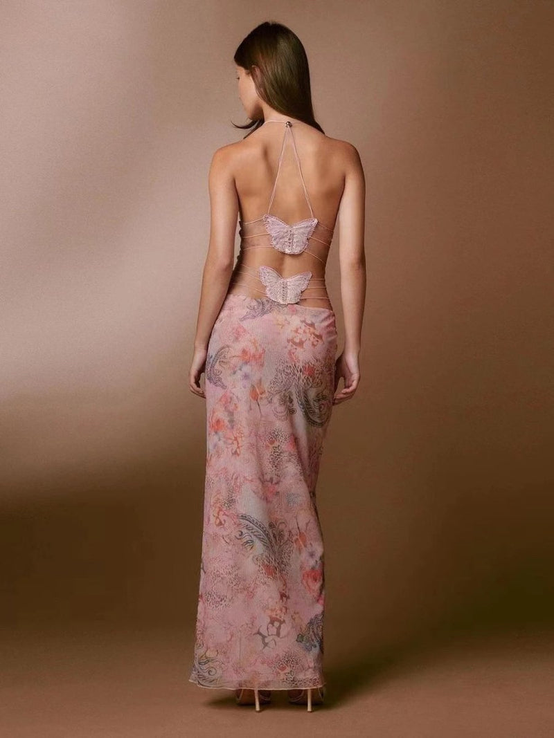 Floral Print Halter Dress - Sexy Butterfly Back Spaghetti Straps