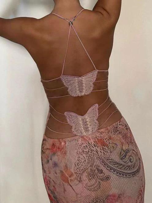 Floral Print Halter Dress - Sexy Butterfly Back Spaghetti Straps
