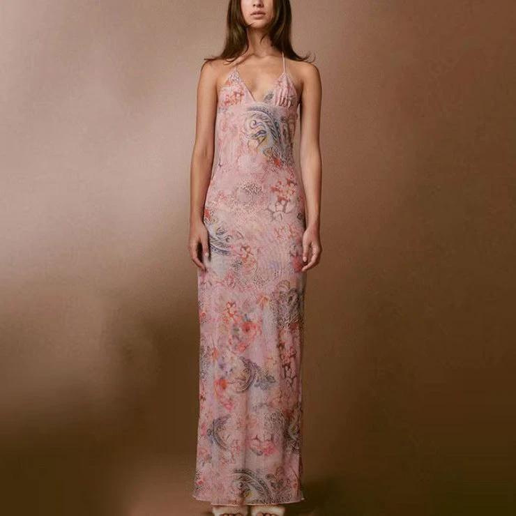 Floral Print Halter Dress - Sexy Butterfly Back Spaghetti Straps